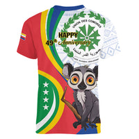Comoros Independence Day Women V-Neck T-Shirt 1975 Komori Mongoose Lemur African Pattern - Wonder Print Shop