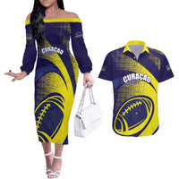 Custom Rugby Curacao Couples Matching Off The Shoulder Long Sleeve Dress and Hawaiian Shirt Korsou Go Champion - Wonder Print Shop