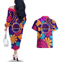United States National Hispanic Heritage Month Couples Matching Off The Shoulder Long Sleeve Dress and Hawaiian Shirt Mes Nacional de la Herencia Hispana Special Version - Wonder Print Shop