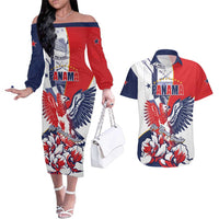 Personalized Panama Harpy Eagle Couples Matching Off The Shoulder Long Sleeve Dress and Hawaiian Shirt Pro Mundi Beneficio Flor del Espiritu Santo - Wonder Print Shop