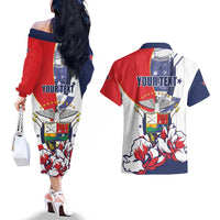 Personalized Panama Harpy Eagle Couples Matching Off The Shoulder Long Sleeve Dress and Hawaiian Shirt Pro Mundi Beneficio Flor del Espiritu Santo - Wonder Print Shop