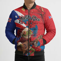 Personalized Puerto Rico Christmas Bomber Puffer Jacket Coqui Frog Playing Guitar - Wonder Print Shop