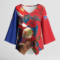 Personalized Puerto Rico Christmas Kimono Sleeve Blouse Coqui Frog Playing Guitar - Wonder Print Shop