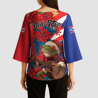 Personalized Puerto Rico Christmas Kimono Sleeve Blouse Coqui Frog Playing Guitar - Wonder Print Shop