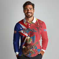 Personalized Puerto Rico Christmas Long Sleeve Polo Shirt Coqui Frog Playing Guitar - Wonder Print Shop