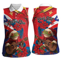 Personalized Puerto Rico Christmas Women Sleeveless Polo Shirt Coqui Frog Playing Guitar - Wonder Print Shop