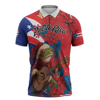Personalized Puerto Rico Christmas Zipper Polo Shirt Coqui Frog Playing Guitar - Wonder Print Shop