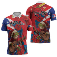 Personalized Puerto Rico Christmas Zipper Polo Shirt Coqui Frog Playing Guitar - Wonder Print Shop
