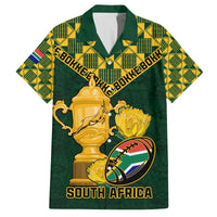 Green rugby-style Hawaiian shirt with gold trophy, rugby ball, and South Africa print