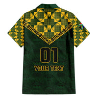 Green rugby-style Hawaiian shirt back with gold pattern, “01”, and “YOUR TEXT”