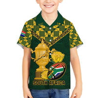 Green rugby-style Hawaiian shirt with gold trophy, rugby ball, and South Africa emblem