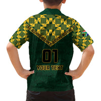 Green rugby-style Hawaiian shirt back with gold “01” and “YOUR TEXT” on check pattern