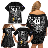 Custom New Zealand Silver Fern Rugby Family Matching Off Shoulder Short Dress and Hawaiian Shirt Aotearoa Champion 2023 World Cup - Wonder Print Shop