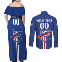 Custom Cape Verde 2026 Football Couples Matching Off Shoulder Maxi Dress and Long Sleeve Button Shirt Blue Sharks WC Debut - Wonder Print Shop