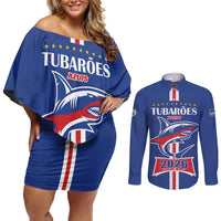 Custom Cape Verde 2026 Football Couples Matching Off Shoulder Short Dress and Long Sleeve Button Shirt Blue Sharks WC Debut - Wonder Print Shop