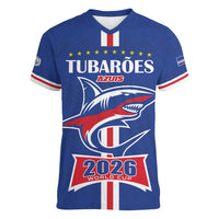 Custom Cape Verde 2026 Football Women V-Neck T-Shirt Blue Sharks WC Debut - Wonder Print Shop
