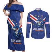 Custom Cape Verde Football Couples Matching Off Shoulder Maxi Dress and Long Sleeve Button Shirt Tubaroes Azuis Make History - Wonder Print Shop