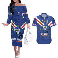 Custom Cape Verde Football Couples Matching Off The Shoulder Long Sleeve Dress and Hawaiian Shirt Tubaroes Azuis Make History - Wonder Print Shop