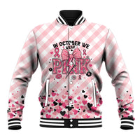 Personalized In October We Wear Pink Baseball Jacket Pink Pretty Bow Pastel Gingham - Wonder Print Shop