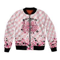 Personalized In October We Wear Pink Bomber Jacket Pink Pretty Bow Pastel Gingham - Wonder Print Shop
