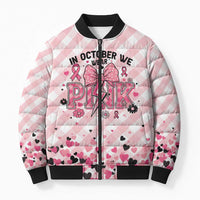 Personalized In October We Wear Pink Bomber Puffer Jacket Pink Pretty Bow Pastel Gingham - Wonder Print Shop
