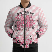 Personalized In October We Wear Pink Bomber Puffer Jacket Pink Pretty Bow Pastel Gingham - Wonder Print Shop