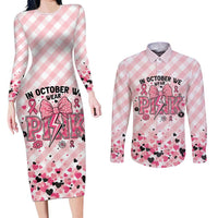 Personalized In October We Wear Pink Couples Matching Long Sleeve Bodycon Dress and Long Sleeve Button Shirt Pink Pretty Bow Pastel Gingham - Wonder Print Shop