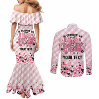 Personalized In October We Wear Pink Couples Matching Mermaid Dress and Long Sleeve Button Shirt Pink Pretty Bow Pastel Gingham - Wonder Print Shop