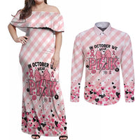 Personalized In October We Wear Pink Couples Matching Off Shoulder Maxi Dress and Long Sleeve Button Shirt Pink Pretty Bow Pastel Gingham - Wonder Print Shop