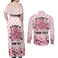 Personalized In October We Wear Pink Couples Matching Off Shoulder Maxi Dress and Long Sleeve Button Shirt Pink Pretty Bow Pastel Gingham - Wonder Print Shop