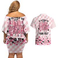 Personalized In October We Wear Pink Couples Matching Off Shoulder Short Dress and Hawaiian Shirt Pink Pretty Bow Pastel Gingham - Wonder Print Shop