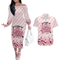 Personalized In October We Wear Pink Couples Matching Off The Shoulder Long Sleeve Dress and Hawaiian Shirt Pink Pretty Bow Pastel Gingham - Wonder Print Shop