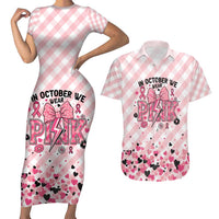 Personalized In October We Wear Pink Couples Matching Short Sleeve Bodycon Dress and Hawaiian Shirt Pink Pretty Bow Pastel Gingham - Wonder Print Shop