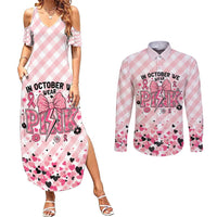 Personalized In October We Wear Pink Couples Matching Summer Maxi Dress and Long Sleeve Button Shirt Pink Pretty Bow Pastel Gingham - Wonder Print Shop