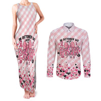 Personalized In October We Wear Pink Couples Matching Tank Maxi Dress and Long Sleeve Button Shirt Pink Pretty Bow Pastel Gingham - Wonder Print Shop