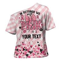 Personalized In October We Wear Pink Cross Shoulder Shirt Pink Pretty Bow Pastel Gingham - Wonder Print Shop