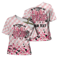 Personalized In October We Wear Pink Cross Shoulder Shirt Pink Pretty Bow Pastel Gingham - Wonder Print Shop
