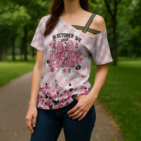 Personalized In October We Wear Pink Cross Shoulder Shirt Pink Pretty Bow Pastel Gingham - Wonder Print Shop