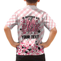 Personalized In October We Wear Pink Family Matching Off The Shoulder Long Sleeve Dress and Hawaiian Shirt Pink Pretty Bow Pastel Gingham - Wonder Print Shop