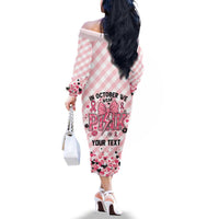 Personalized In October We Wear Pink Family Matching Off The Shoulder Long Sleeve Dress and Hawaiian Shirt Pink Pretty Bow Pastel Gingham - Wonder Print Shop