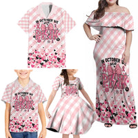 Personalized In October We Wear Pink Family Matching Off Shoulder Maxi Dress and Hawaiian Shirt Pink Pretty Bow Pastel Gingham - Wonder Print Shop