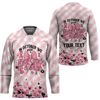 Personalized In October We Wear Pink Hockey Jersey Pink Pretty Bow Pastel Gingham - Wonder Print Shop