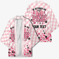 Personalized In October We Wear Pink Kimono Pink Pretty Bow Pastel Gingham - Wonder Print Shop
