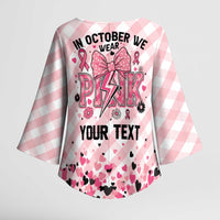 Personalized In October We Wear Pink Kimono Sleeve Blouse Pink Pretty Bow Pastel Gingham - Wonder Print Shop