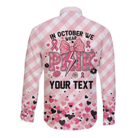 Personalized In October We Wear Pink Long Sleeve Button Shirt Pink Pretty Bow Pastel Gingham - Wonder Print Shop