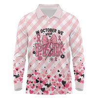 Personalized In October We Wear Pink Long Sleeve Polo Shirt Pink Pretty Bow Pastel Gingham - Wonder Print Shop