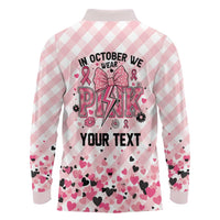 Personalized In October We Wear Pink Long Sleeve Polo Shirt Pink Pretty Bow Pastel Gingham - Wonder Print Shop