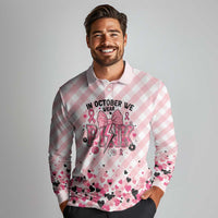 Personalized In October We Wear Pink Long Sleeve Polo Shirt Pink Pretty Bow Pastel Gingham - Wonder Print Shop