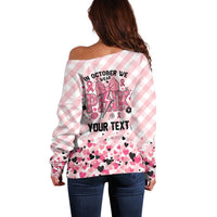 Personalized In October We Wear Pink Off Shoulder Sweater Pink Pretty Bow Pastel Gingham - Wonder Print Shop