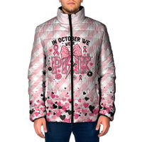 Personalized In October We Wear Pink Padded Jacket Pink Pretty Bow Pastel Gingham - Wonder Print Shop
